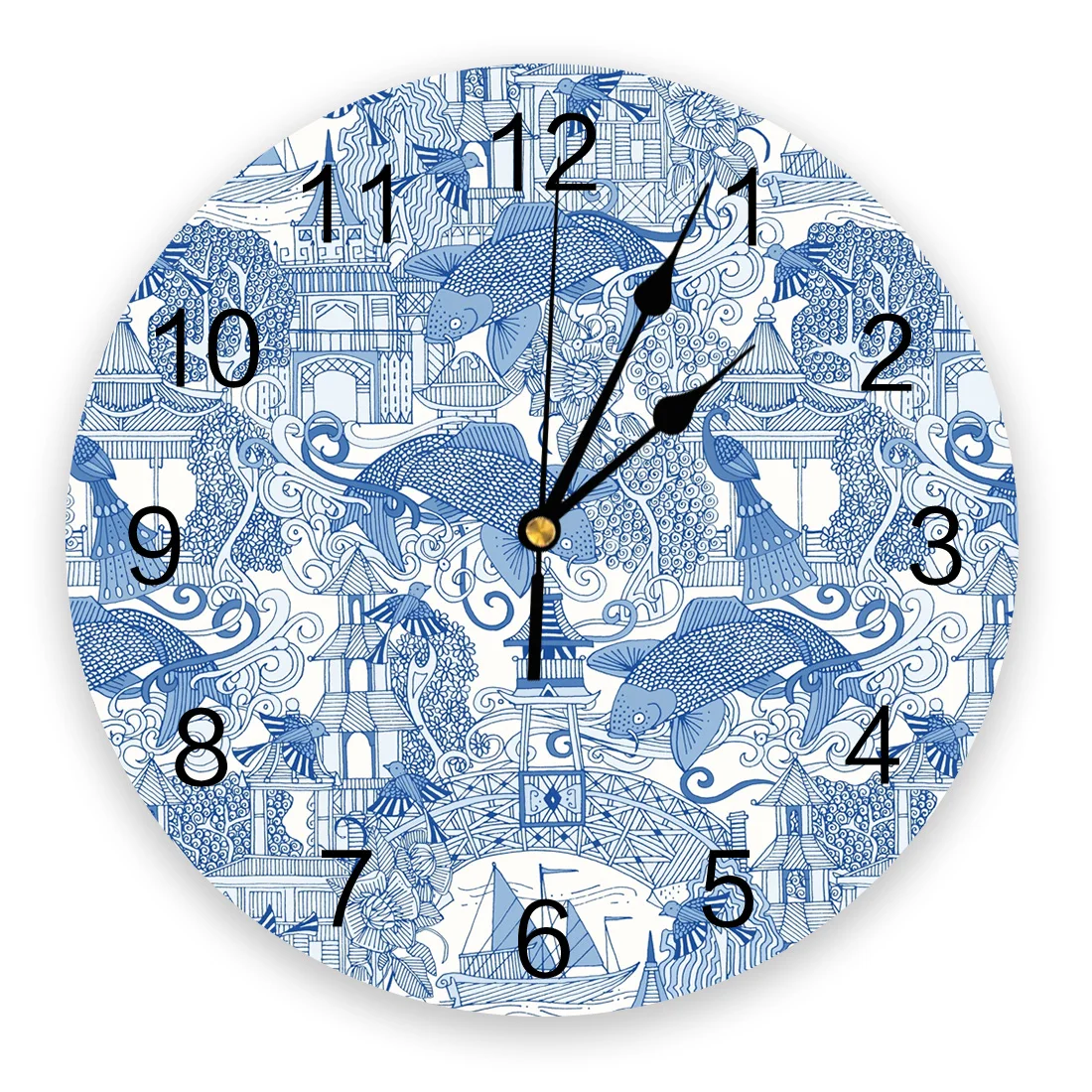 

Chinoiserie Toile Blue Wall Clock Home Decor Bedroom Silent Oclock Watch Wall for Kitchen Living Room Wall Digital Clock