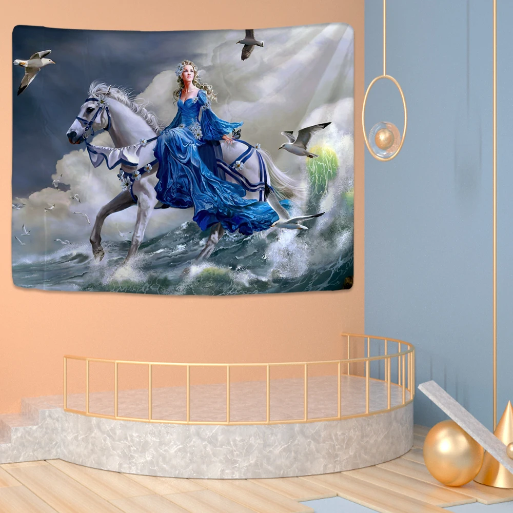 

Wave Wall Tapestry Western Beauty Riding Wall Decoration Oil Painting Wall Art Tapestry Sea Tapestry