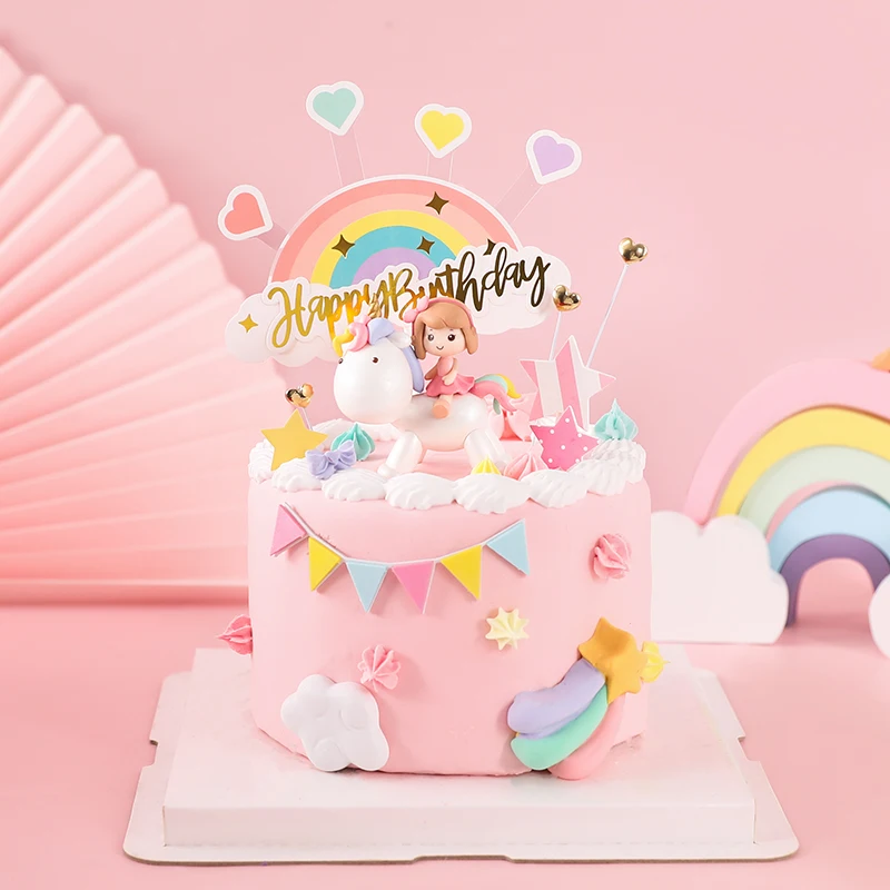 

Rainbow Unicorn Cake Topper Happy Birthday Party Cake Decor Unicorno Kid Girl Baby Shower Christening Wedding Cake Decorating