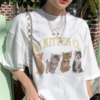 the kitten club cute printed women street style shirts white cotton vintage short sleeve tops plus size cotton graphic tees