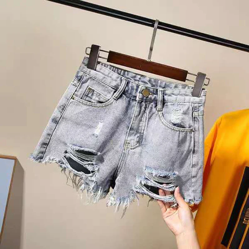 

Women denim shorts high waist ripped hole wash denim shorts summer casual streetwear loose big size wide leg hot shorts fashion