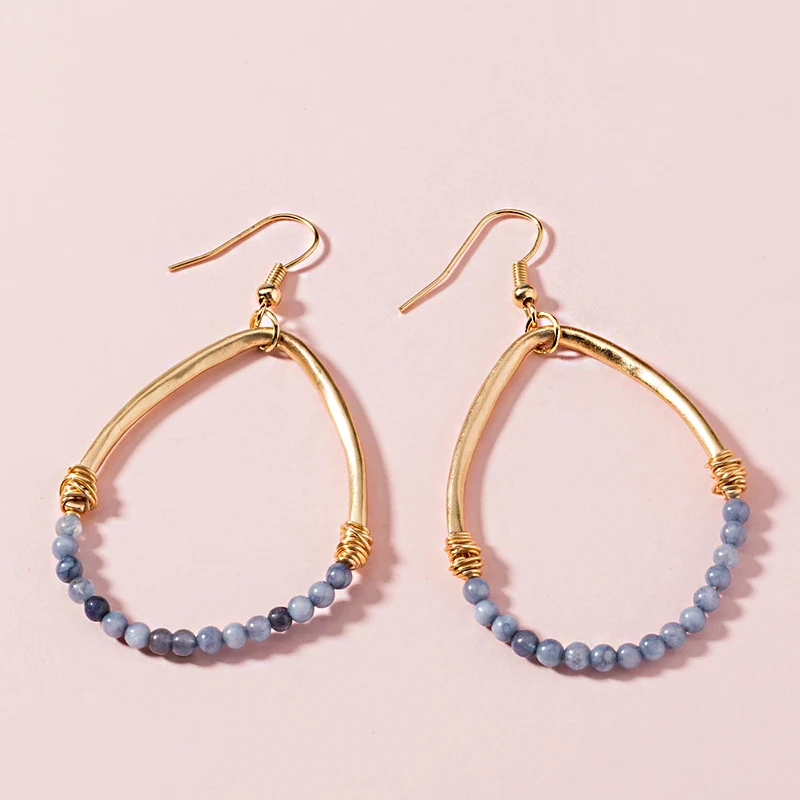 European and American retro style Earrings with natural stone beads sand gold color metal eardrop water drop earrings for girls | Украшения