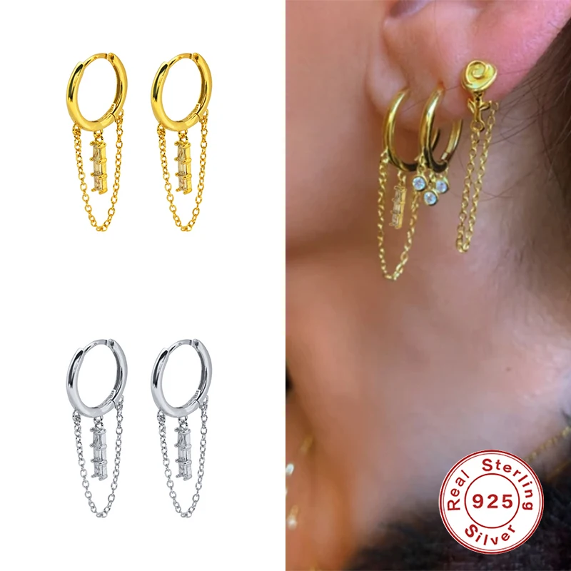 

GS 925 Sterling Silver Gold Hoop Earrings For Women Cubic Zirconia Jeweled Chain Tassel Circle Earring Party Fine Jewelry Gift