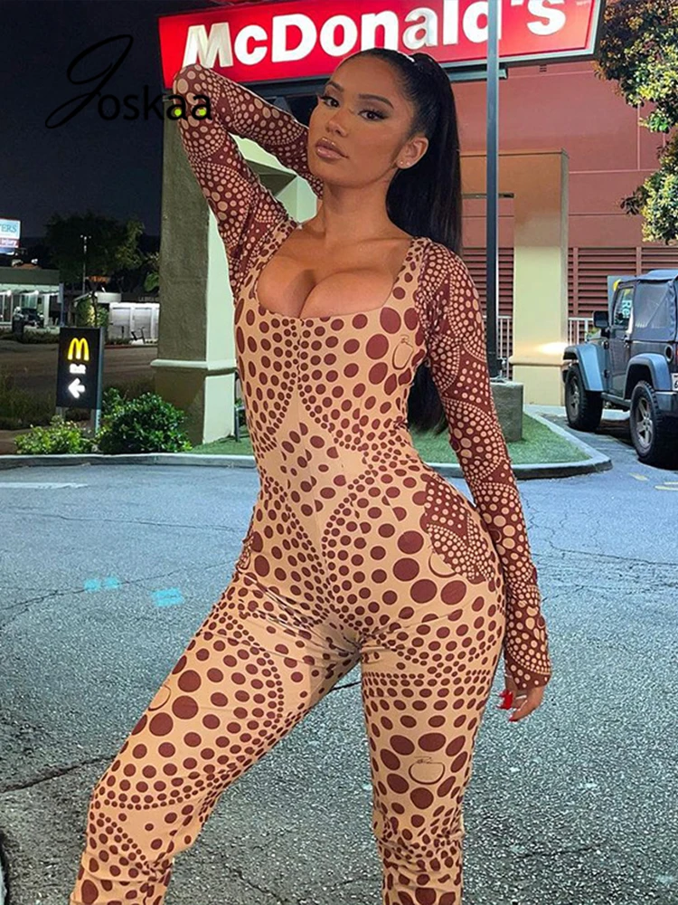 

Joskaa Sexy Two Piece Set Women Printed Irregular Long Sleeve Tees Slim Jumpsuits Suit Streetwear Fall 2021 Party Nightclub Wear