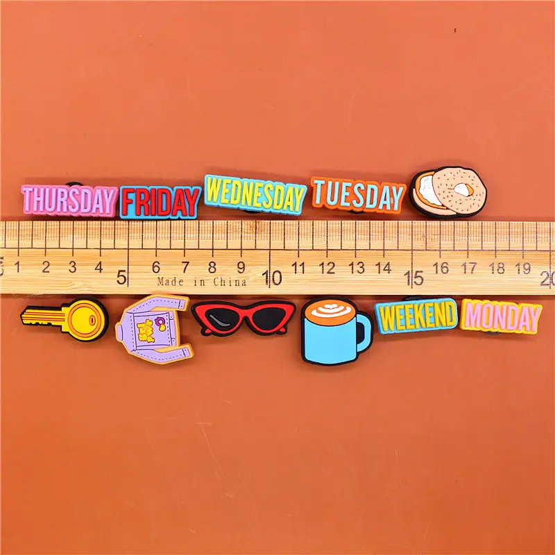 Monday to Weekend Shoe Charms Accessories Coffee Cake Sunglasses Golden Key Shoe Buckle Decorations fit Kids X-mas Party Gifts