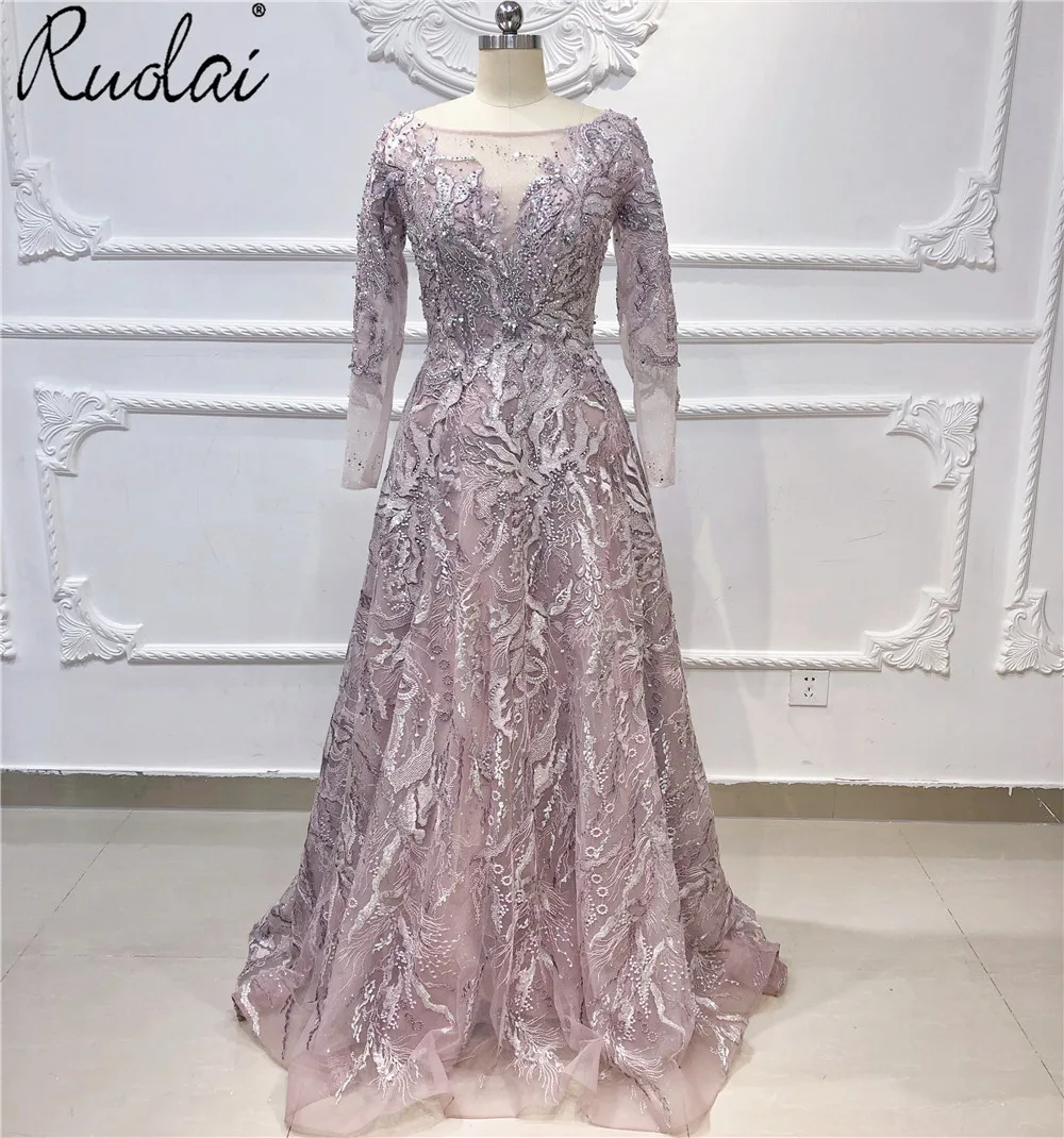 OEV4307 розовое роскошное вечернее платье с длинным рукавом и блестящим бисером для