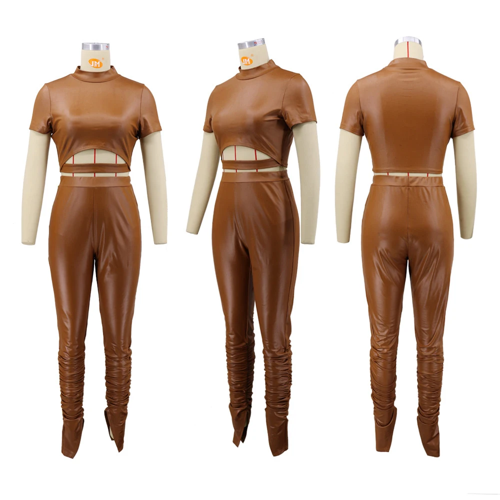 

PU Leather Two Piece Set Women Stacked Pants Two Piece Set Outfit Long Sleeve Crop Tops Leather Two Piece Set for Women