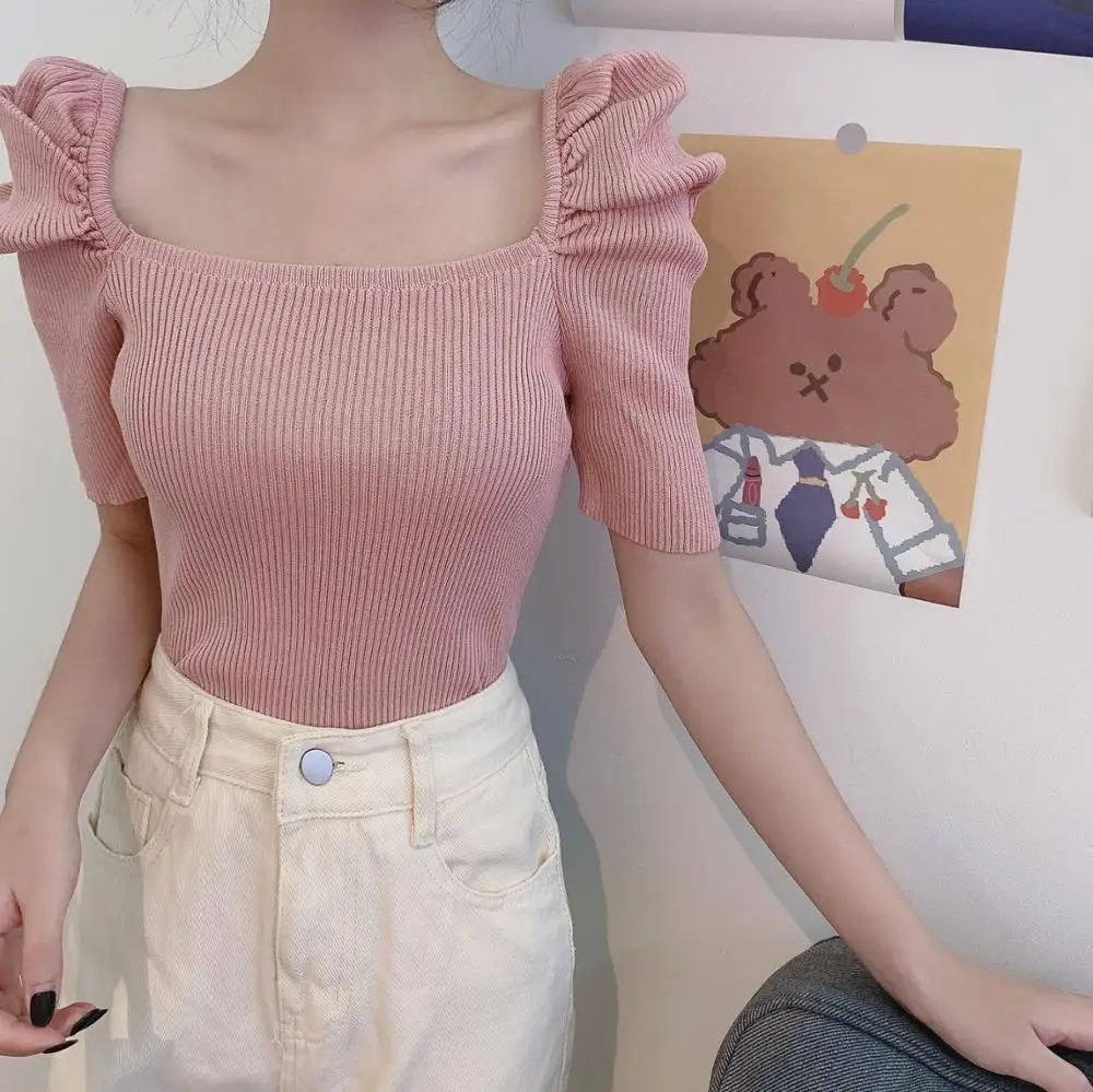 

6 Colors Women Slim Short Puff Sleeve Square Collar Cropped Tee Shirts Lady Stretchy Knit Crop Tops T-shirts For Girls Summer