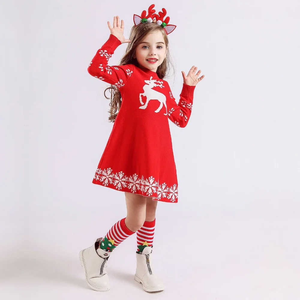 Рождественское платье с оленями для маленьких девочек длинным рукавом Зимний