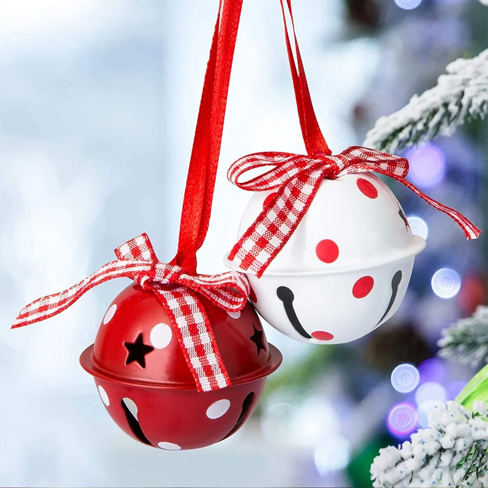 

12 Pcs/Lot Christmas Decorations Craft Bells Ornaments Red White Metal Stars 50mm Merry Christmas Tree Decor Bells Craft Pendant