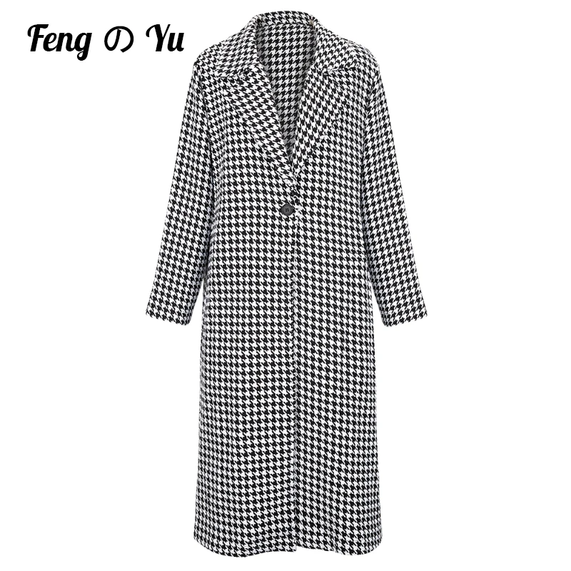 

Plaid Wool Winter Coat Women Thick Warm Black White Plaid Casual Long Coat Turn-down Collar Loose Soft 2019 New Coat