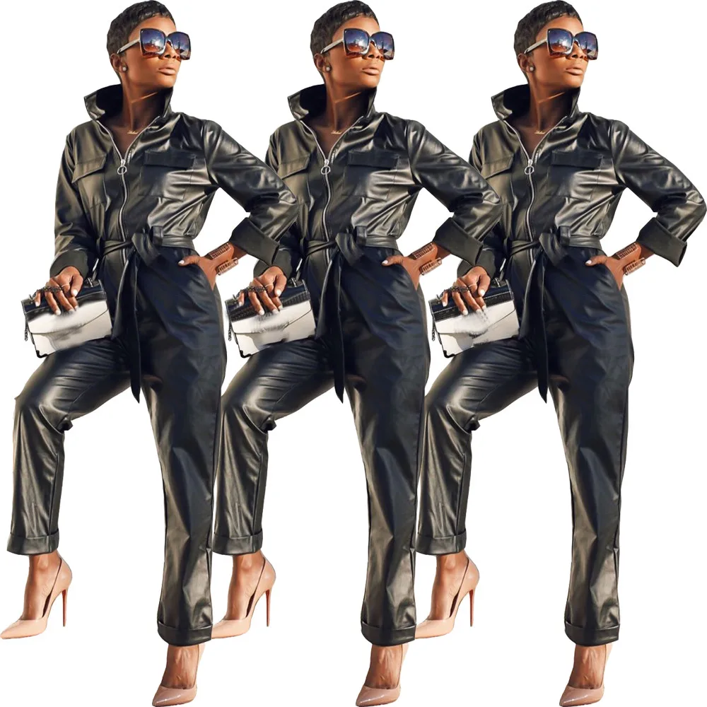 Женский кожаный комбинезон на молнии модный черный с молнией модель 2020 года #30 |