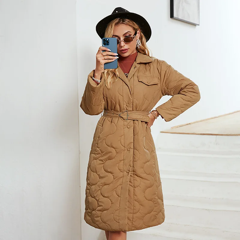 

Y2k 2021 Europe South Korea Latest Fashion Commuter Brown Quilted Cotton Coat Long Lapel Tie Women's Padded Puffer Jacket Women