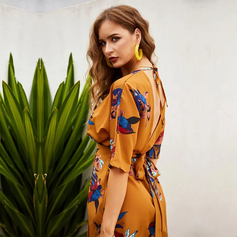 

Spring Summer V Neck Short Sleeve Lace Up Backless Ladies Short Printed Women Fashion Floral Button Mini Chic Dresses 2021 New