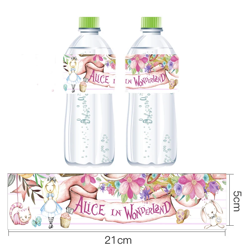 Omilut 12pcs Alice Birthday Party Sticker in Wonderland Mnana Mineral Water Bottle Label Cartoon Rabbit/Cat/Teapot S |