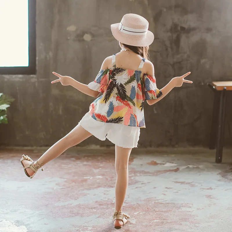 

Girls Clothing Sets Teenage Kids Clothes Suit Feather Print Tops + Denim Shorts 3-14 Years 2pc Children Clothing Set