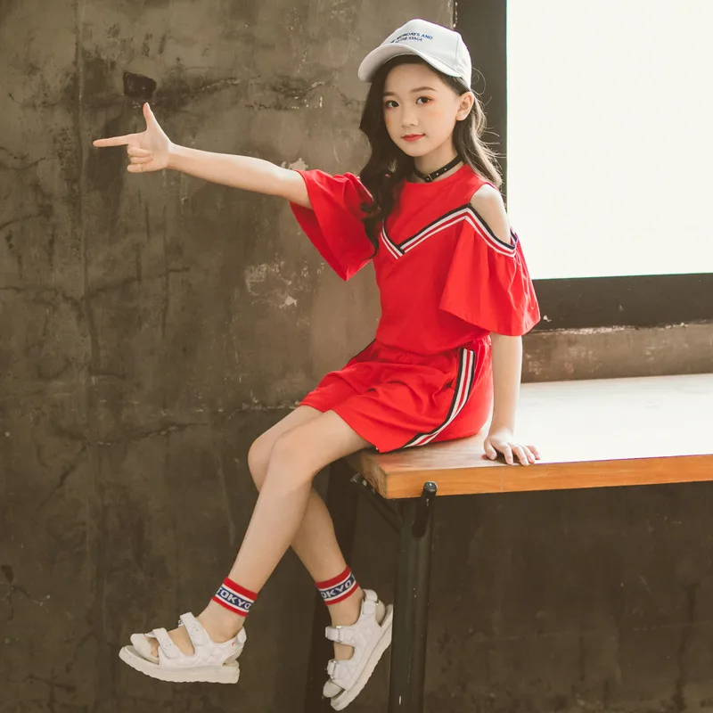 

Children's Clothing Girls Fashion Clothing Suit Summer Off-shoulder Short-sleeved Top + Shorts 2pcs Tracksuit for Kids 4-12 Year