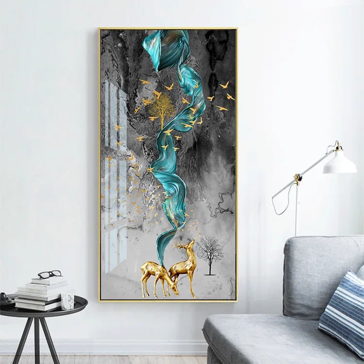 

Nordic Abstract Impression Paints Lines Golden Bird Decorative Painting Hallway Elk Ribbon Canvas Art Luxury Home Decor Photo