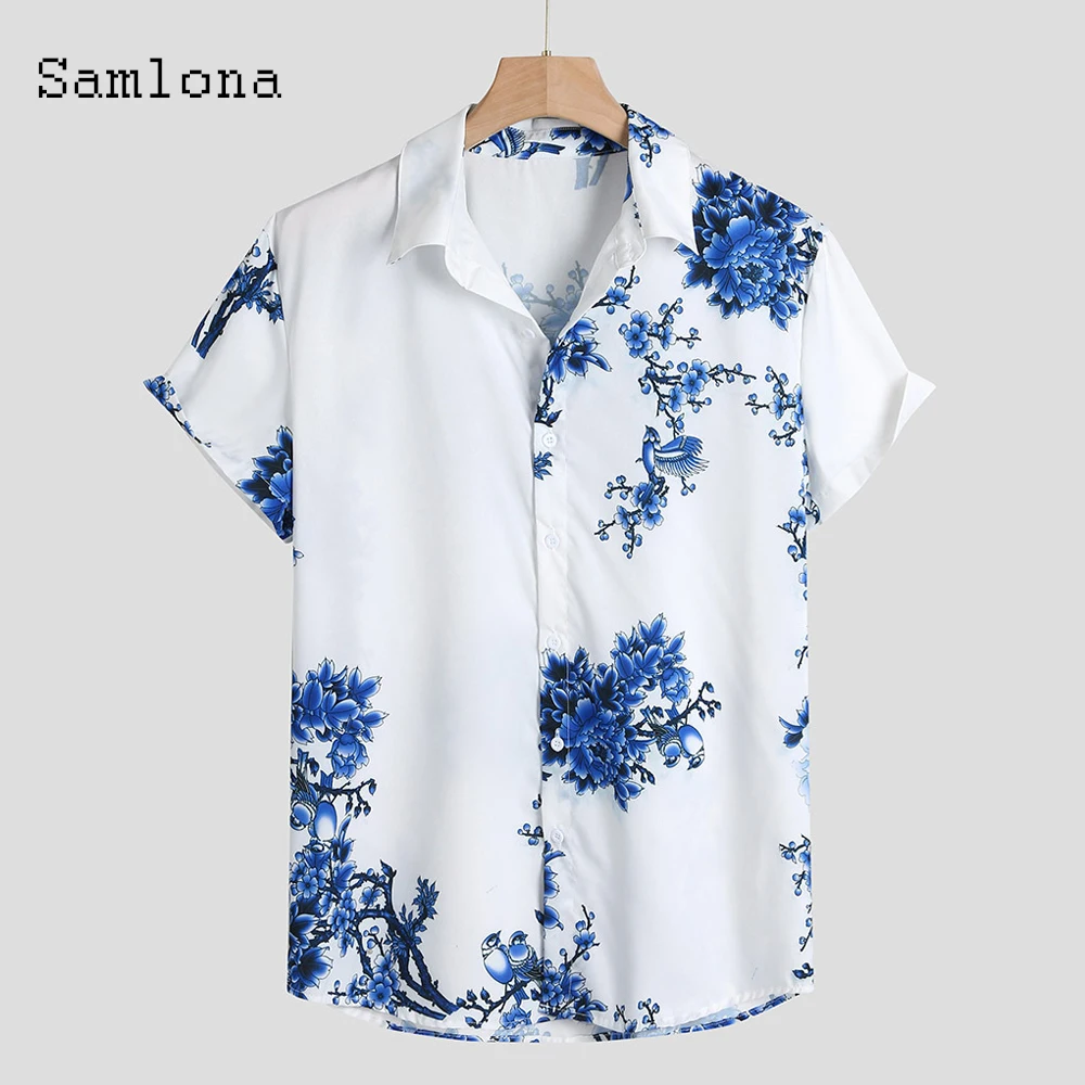 2021 Short Sleeve Tops Casual Shirt Sexy Men clothing Latest Summer Flower Print Casual Pullovers Single-breasted Mens Blouse