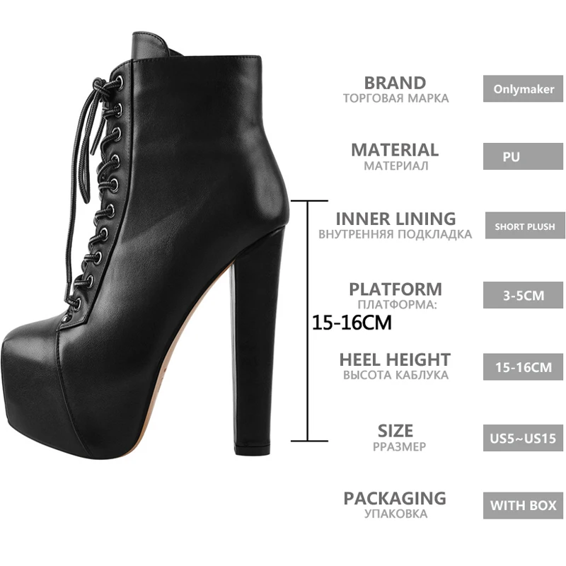 Onlymaker Women's Platform Round Toe Short Booties Block Chunky High Heel Lace Up Black Thick Plus Size Party Dress Ankle Boots