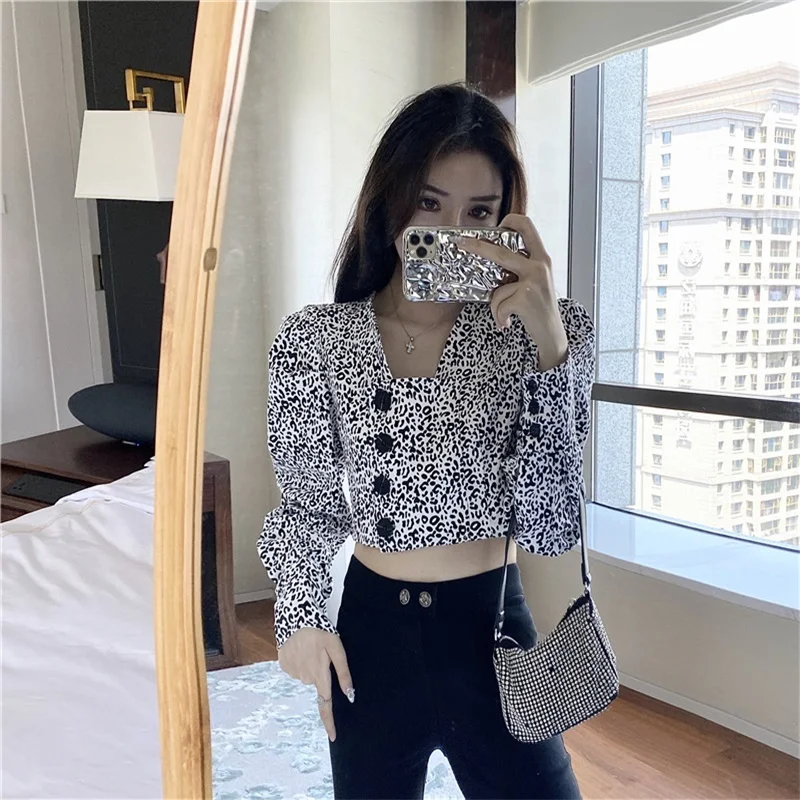 

2021 Spring And Autumn New Korea Retro Hong Kong-Style Long-Sleeved Shirt Temperament Was Thin Leopard Print Short Wild Top Wome