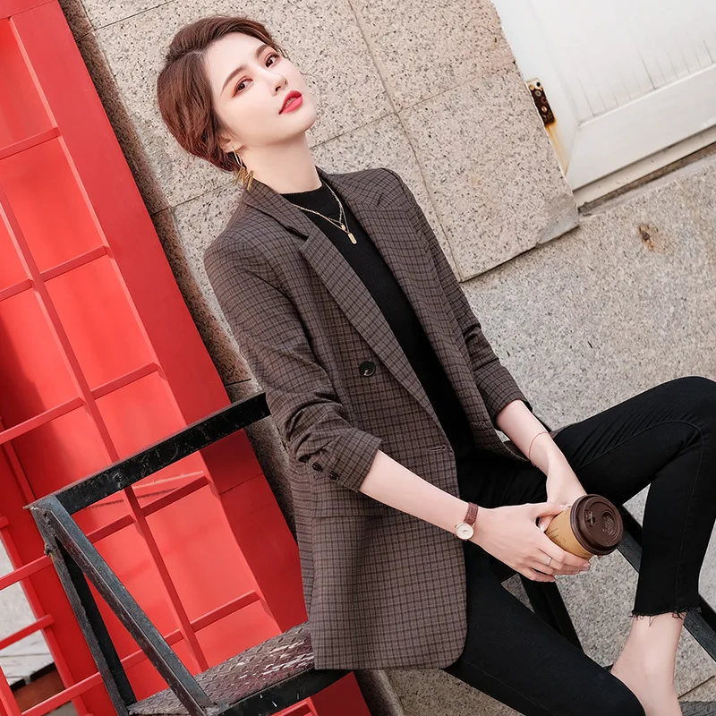 Brown Plaid Blazer Women's Long-Sleeved Mid-Length Spring and Autumn New Korean Style Elegant British Style Suit Top