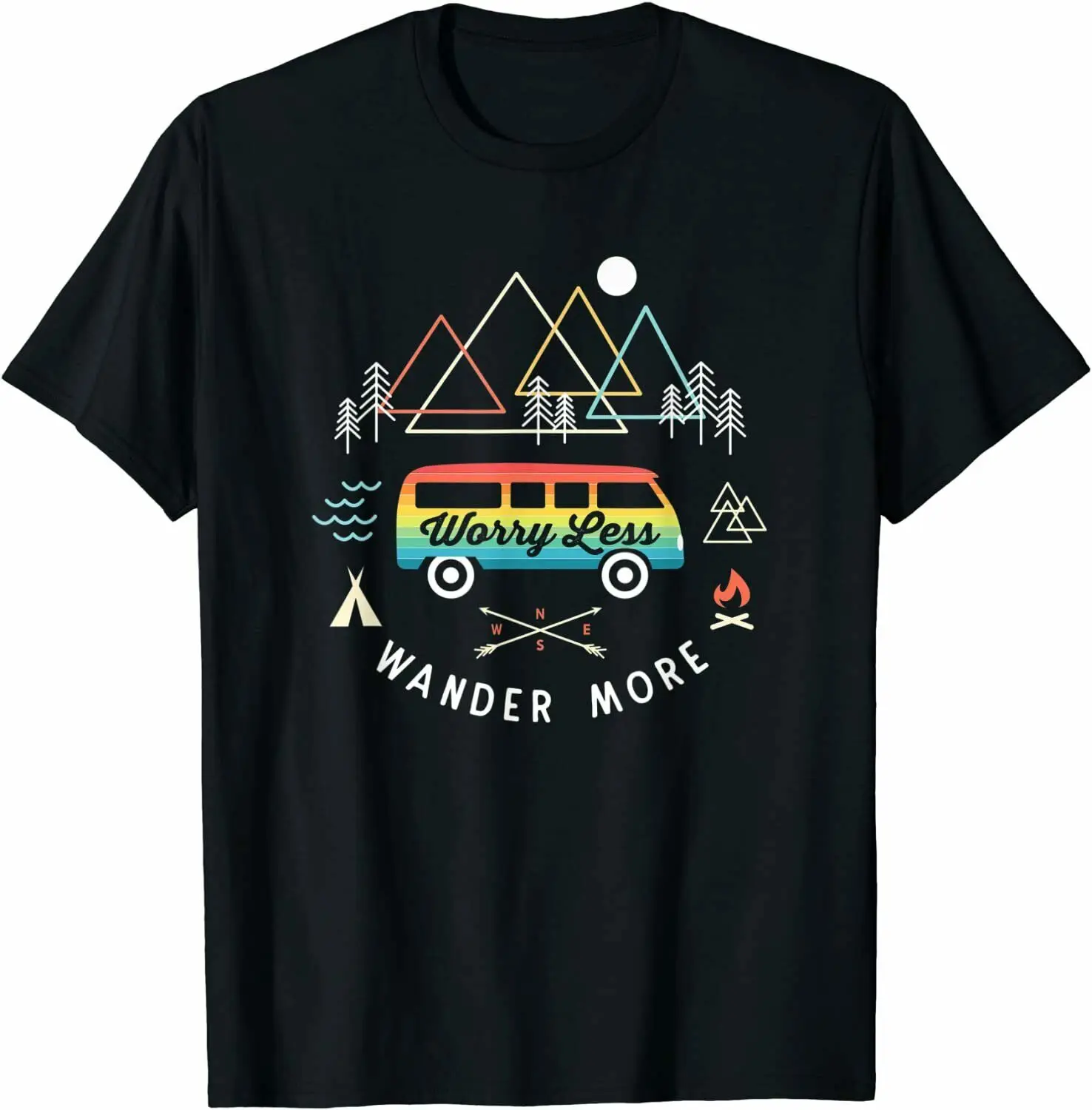 

Camping Retro Camper Van Vintage Sunset Mountains Van Life O - Collar Four - Season Printing Versatile T-shirt Short Sleeves