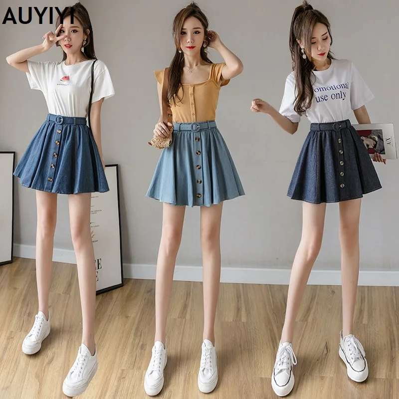 

Summer 2021 new elastic high-waisted breasted thin and all-match A-line denim skirt with big puff skirt women AUYIYI
