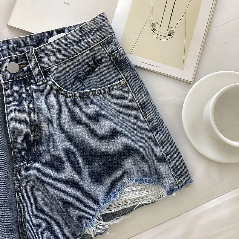 

Summer Women High Waist Ripped Denim Shorts Korean Style Solid Pockets Button Letter Casual New Fashion Popular Unique Loose Sim