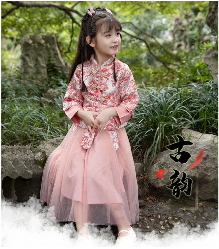 Roadfisher Photography Props Chinese Traditional Coat Dress Peony Suit Hanfu Costume Clothing Little Girl Princess Children Kids |