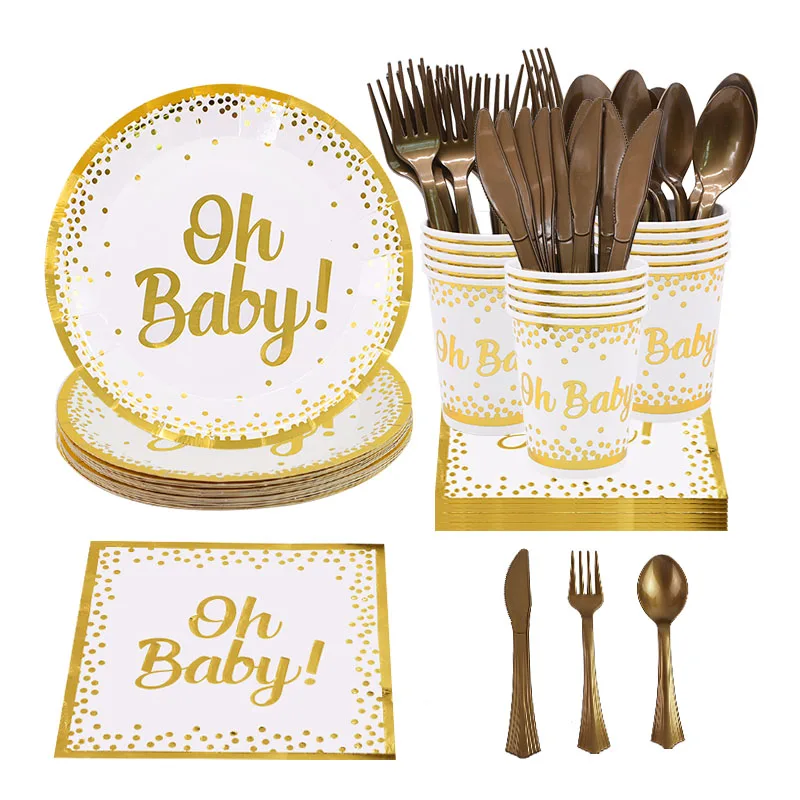 

Gold Oh Baby Disposable Tableware Baby Shower Paper Plate Cup Napkin For Kids Birthday Party Gender Reveal Decoration Supplies 8