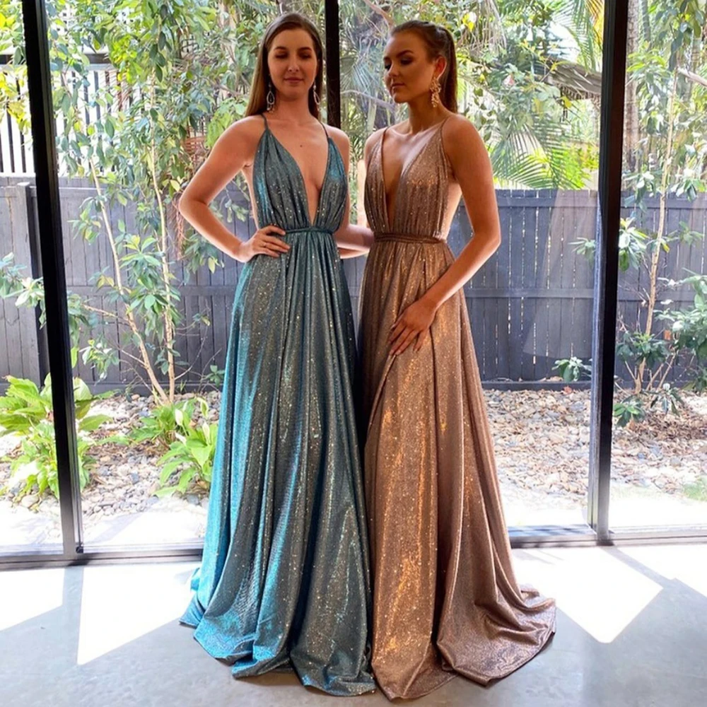 

Laxsesu Glitter Long Evening Dress A-Line Sexy Backless Formal Prom Dress Elegant Pockets Party Gowns 2021