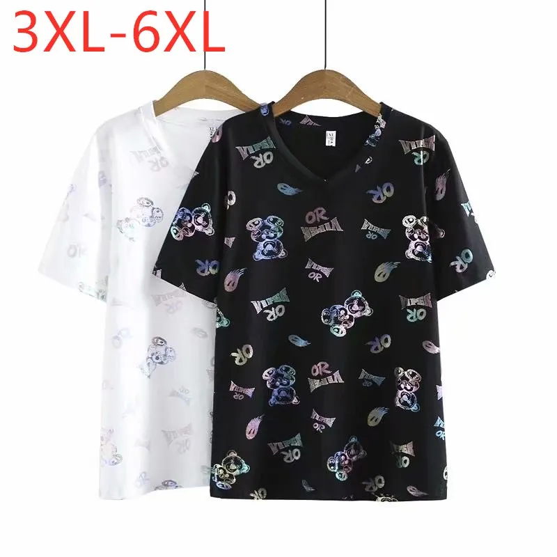

New 2021 Ladies Summer Plus Size Tops For Women Large Short Sleeve Loose Cotton Gilding Black V-neck T-shirt 3XL 4XL 5XL 6XL