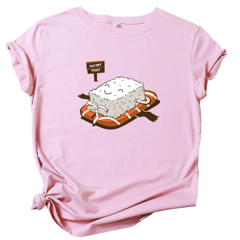 

Zuolunouba Summer Cute Cartoon Sushi Printed Short-sleeved Women T-shirt Urban Casual Round Neck Slim Cotton Plus Size Tees Tops