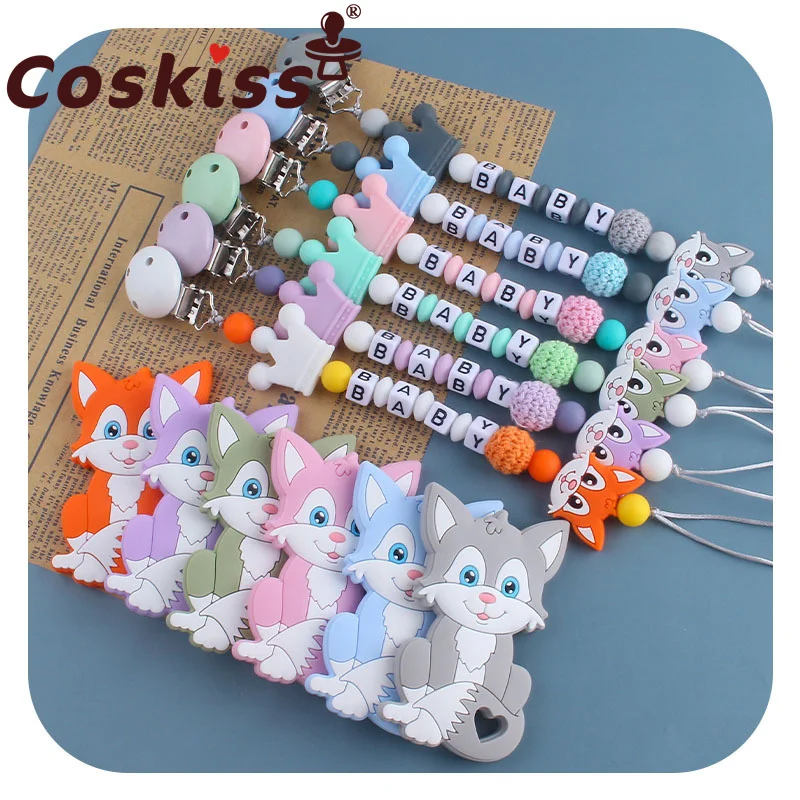 Coskiss-Cadena de Portachupetes hecha a mano con nombre personalizado, cadena de silicona para chupete, juego de cadenas para gato, civeta, cadena de mordedor para beb&eacute;-0
