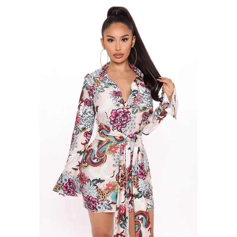 

Women Casual Autumn Dress Lady Korean Style Vintage Floral Printed Chiffon Shirt Dress Long Sleeve Bow Summer Dress Vestido
