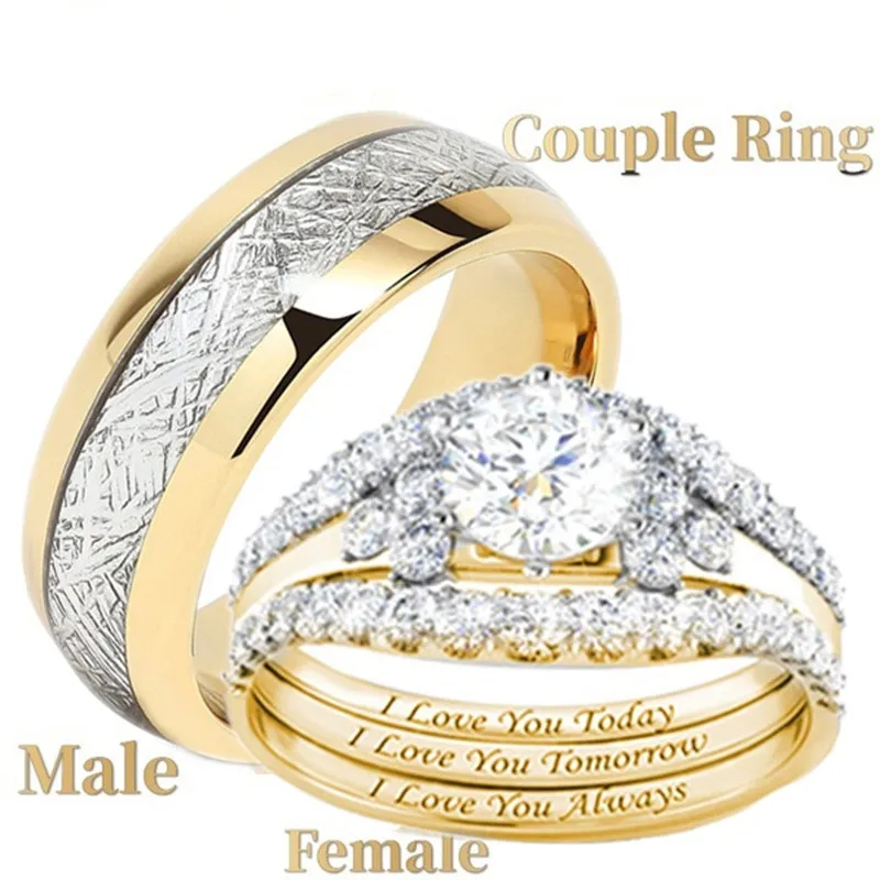 

Couple Rings for Women Trendy Moissanite Gold Promise Wedding Engagement Ring Set Mens Stainless Steel Ring Juego De Anillos