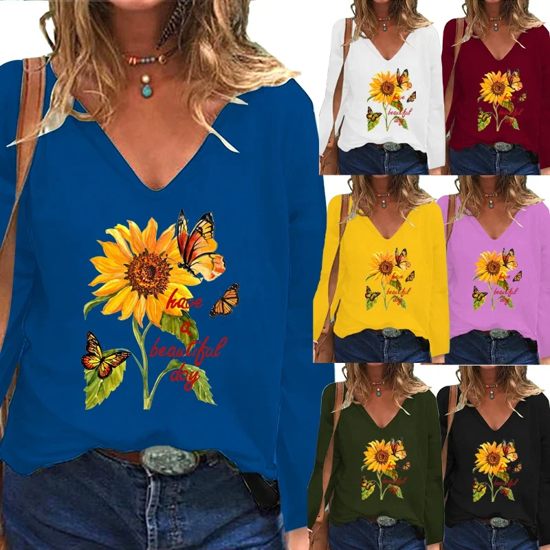 

Womens Style Casual Long-sleeved Shirt Fashion Sunflower Print Shirt Deep V-neck Loose Women's Plus Size T-shirt XS-5XL