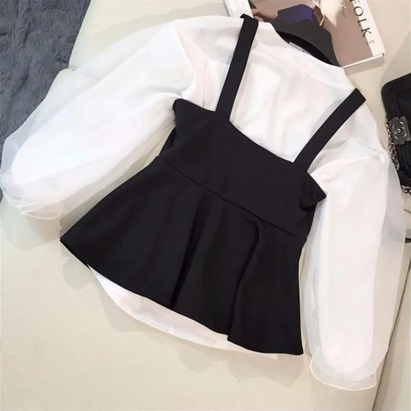 

KUSAHIKI Womens Tops and Blouses Sets Mesh Patchwork Puff Sleeve V-neck Blusas Shirt + Sweet Tanks Tops 2021 Korean Suits 6F361