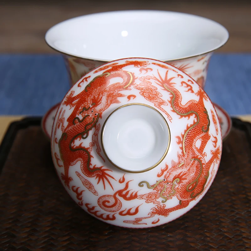 

160ml Jingdezhen Gaiwan Hand Painted Dragon Pattern Porcelain Teacup Master Tea Bowl Kung Fu Tea Set Decoration Collection Gifts