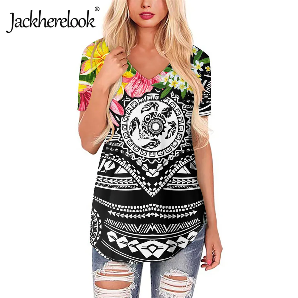 

Jackherelook Для женщин с короткими рукавами футболки полинезийской Племенной черепаха Гавайи Плюмерия принт размера плюс женский V образным выр...