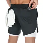 Шорты мужские 2 в 1, спортивные короткие штаны для бега, двухслойные со встроенным карманом, черные быстросохнущие Бермуды для тренировок, тренажерного зала, фитнеса
