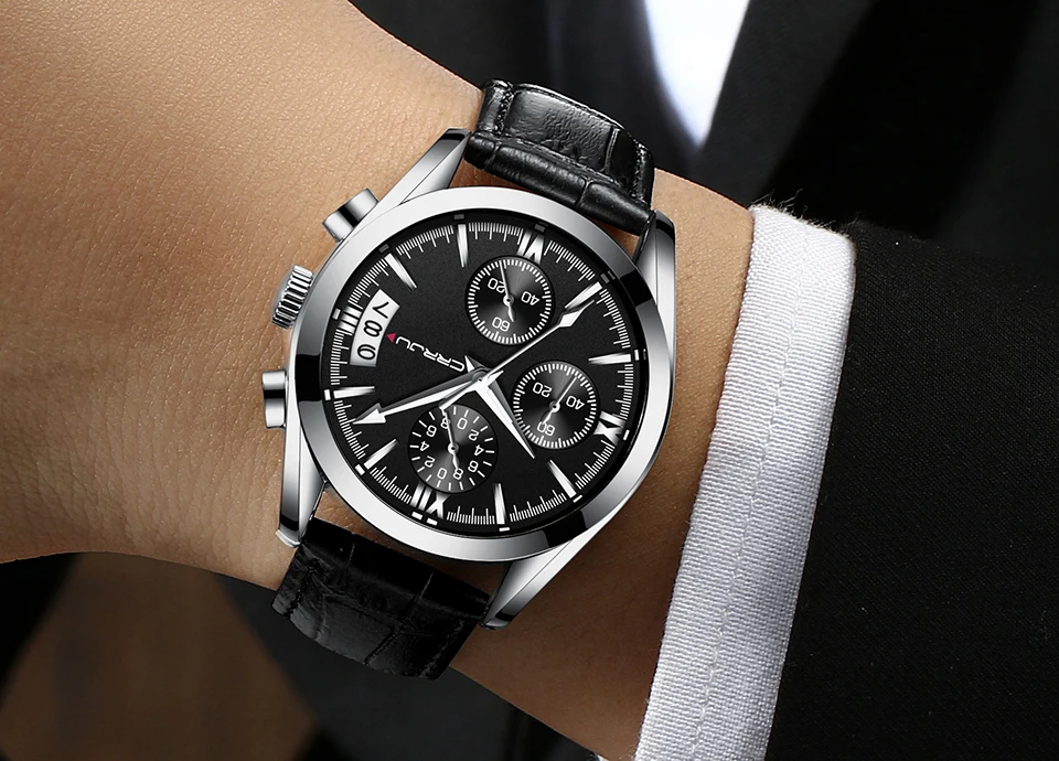 

Men Watch Sport Leather Strap Relojes Hombre 2018 Fashion Chronograph Display Date Wristwatch CRRJU New Arrival Waterproof Clock