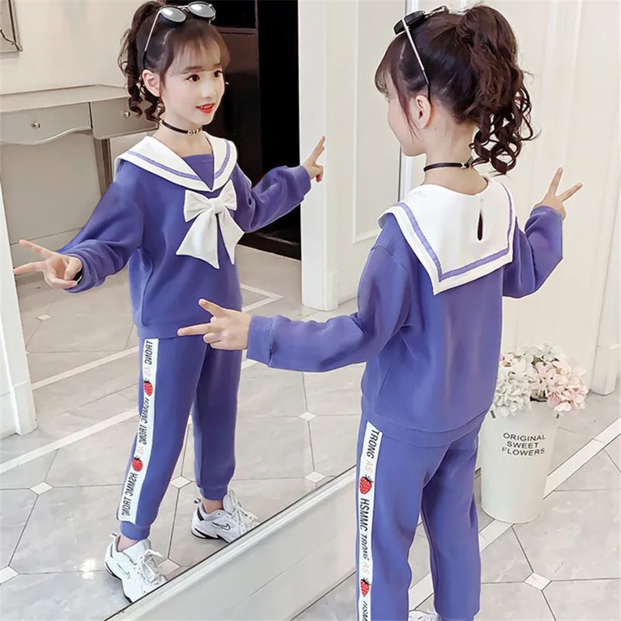 wholesle 2021 spring and autumn big girl clothing sets children clothes kids top with bow+striped pant 2pcs | Мать и ребенок