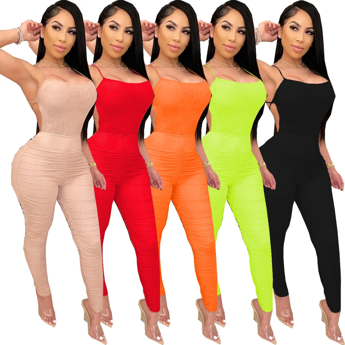 

Sexy Women Ruched Sheer Mesh Jumpsuit Spaghetti Straps Deawing Solid Color Back Lace Up Rompers Womens Fashion Overalls