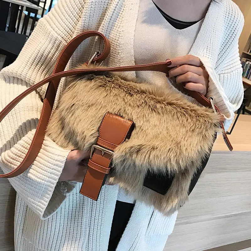

Fashion Fur Women Shoulder Bags Deisgner Big Crossbody Bag Large Capacity Tote Flap Female Winter Wild Hairy Messenger Bag 2021