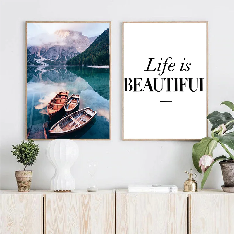 Conisi Северный Озеро Лодка лес постер скандинавский природный пейзаж настенная