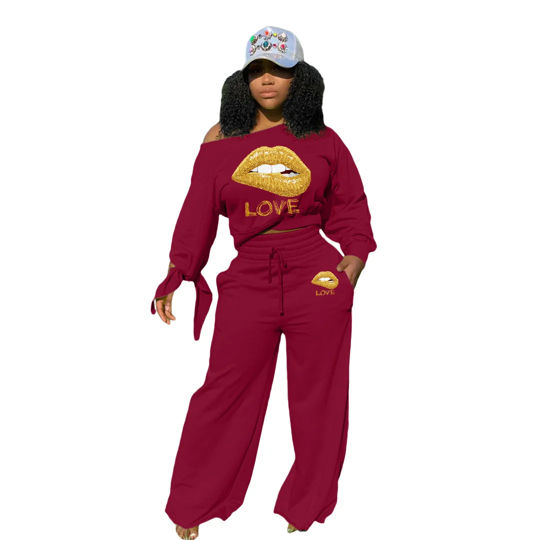 

Женский комплект из 2 предметов, зимний Повседневный пуловер с вырезом-лодочкой и принтом, наряды из двух предметов с длинным рукавом, разме...