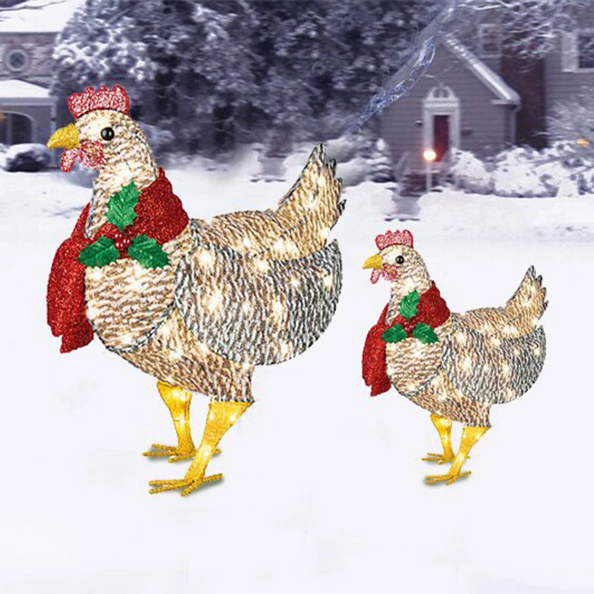 

Courtyard Light-Up Chicken with Scarf Metal Chicken Sculpture Garden Lawn Corridor Christmas Atmosphere Decoration Decoration
