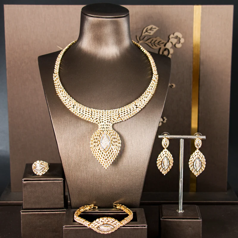 Dazz New Luxury 4PCS Big Dangle Africa Collar Jewelry Set Women's Wedding Full AAA Zircon Dubai Bridal Sets Gifts 2019 | Украшения и